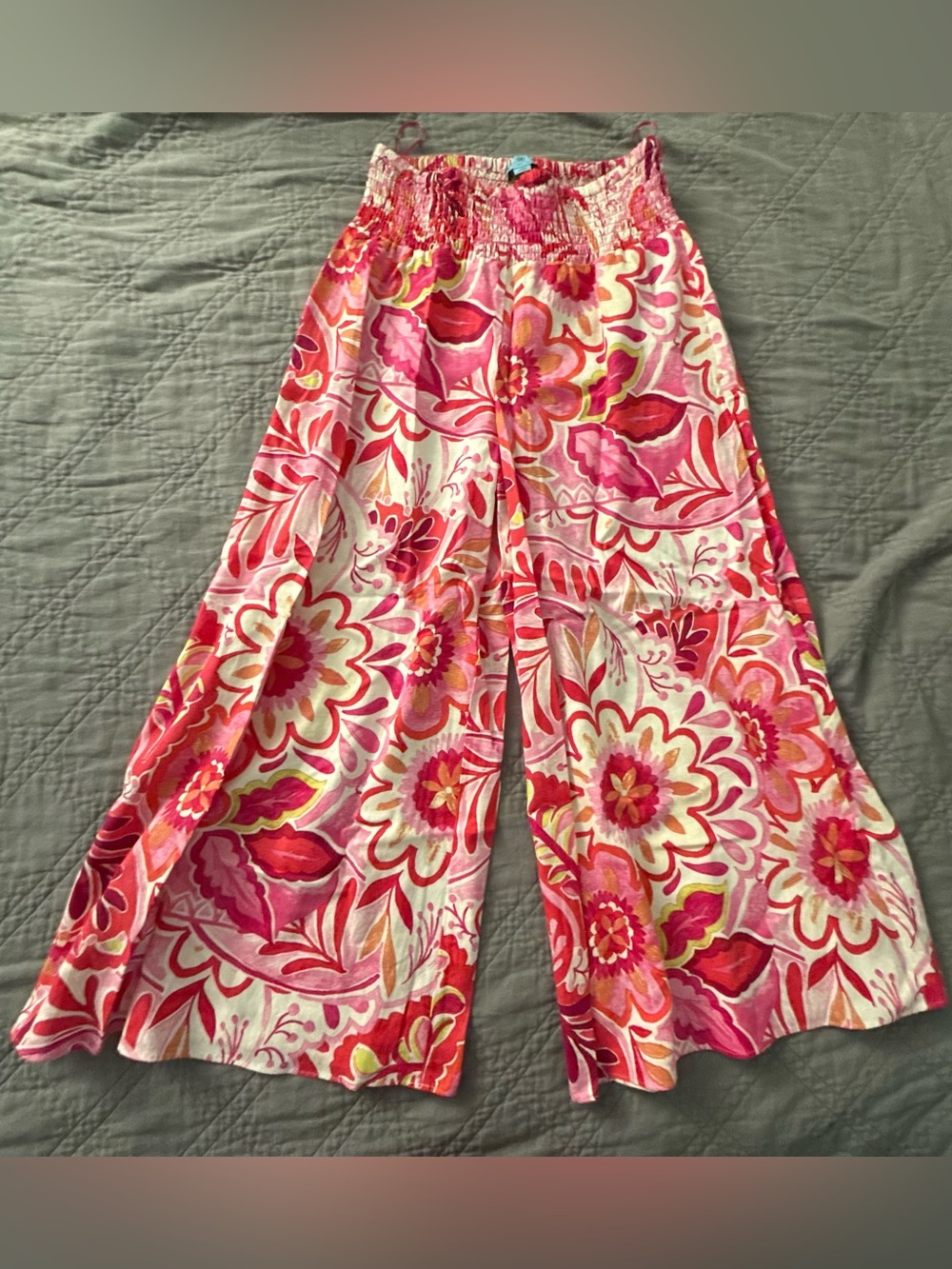 CeCe Floral Smocked Wide Leg Pants Women M Pink Orange High Rise Coastal